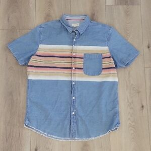 Sun + Stone Light Blue Short-Sleeve Button-Down with Multicolor Stripes